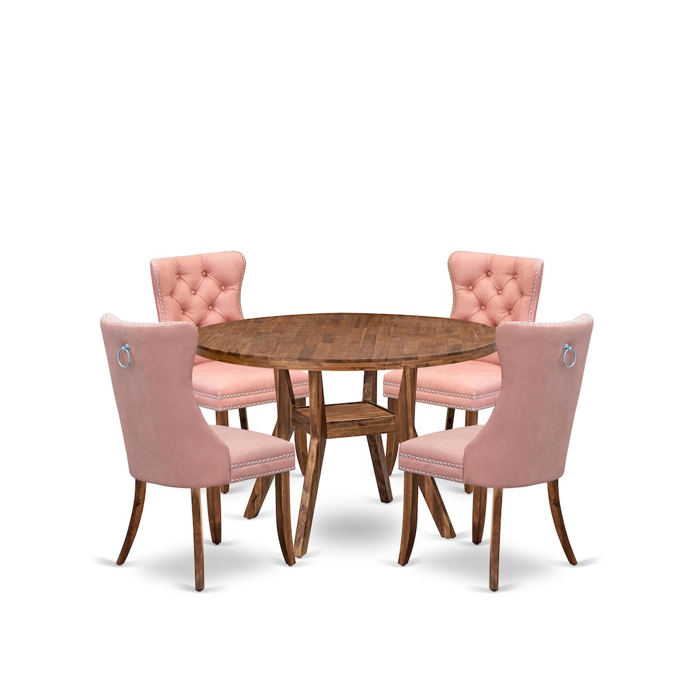 5-Pc Dinner Table Set Contain A Wooden Table And 4 Beige Red Upholstered Chairs
