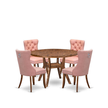 5-Pc Dinner Table Set Contain A Wooden Table And 4 Beige Red Upholstered Chairs