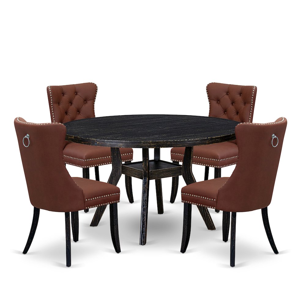 5 Piece Dining Table Set Consists Of 54" Round Table In Burgandy Color