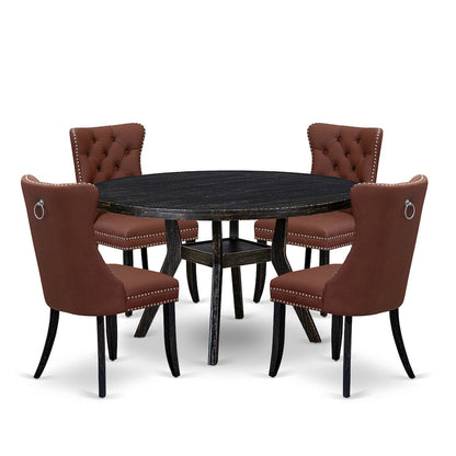 5 Piece Dining Table Set Consists Of 54" Round Table In Burgandy Color