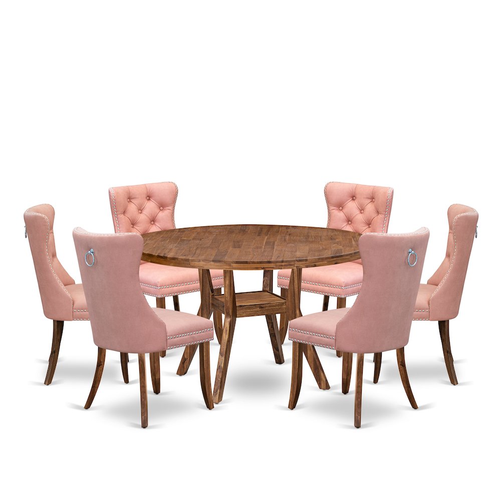 7-Pc Dining Room Set Consist A Dinner Table And 6 Beige Red Upholstered Chairs