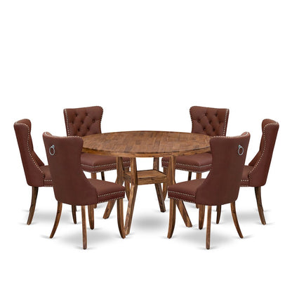 7-Pc Mid Century Dining Set Consist A Table And 6 Burgundy Upholstered Chairs