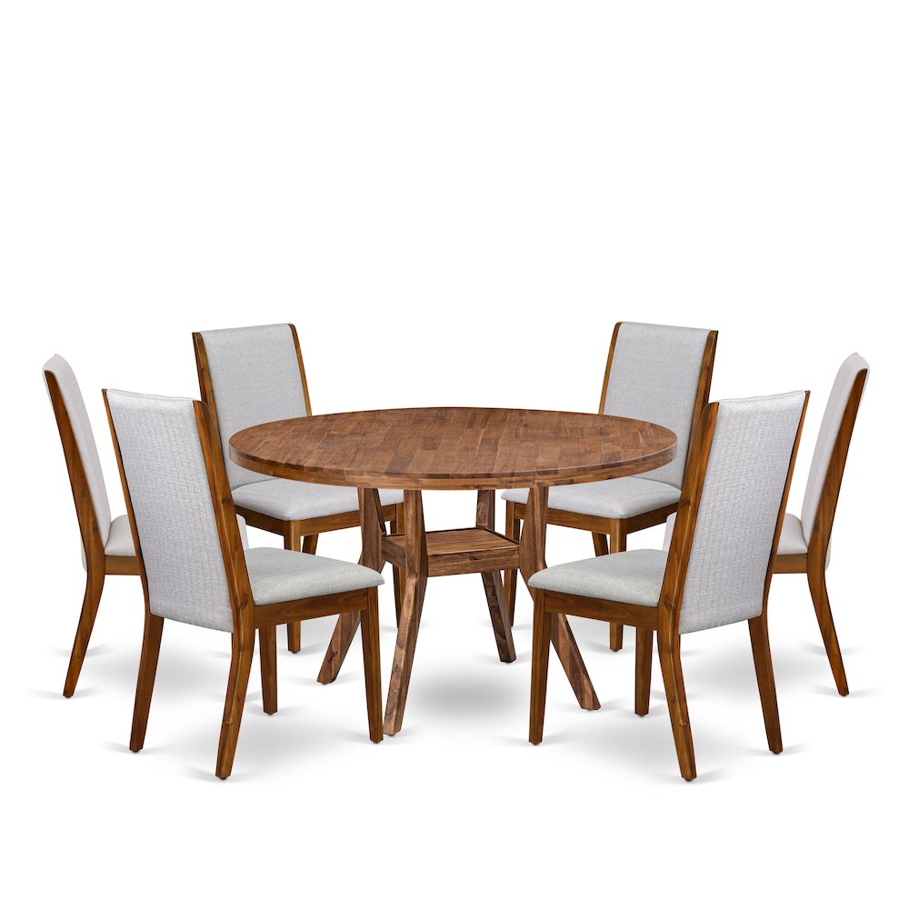 7-Pc Dining Set Of A Pedestal Dinner Table, 6 Grey Linen Fabric Padded Chairs