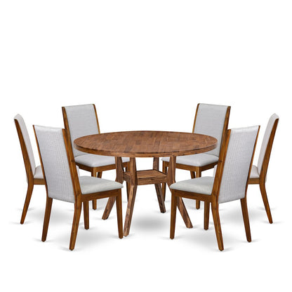 7-Pc Dining Set Of A Pedestal Dinner Table, 6 Grey Linen Fabric Padded Chairs