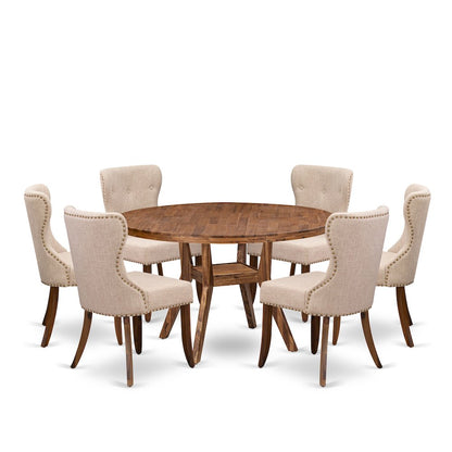 7 Piece Dining Set Consists Of 54" Round Kitchen Table In Light Tan Color