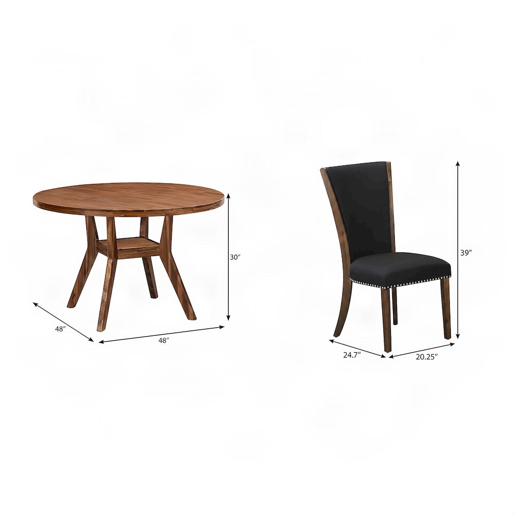 Solid Wood Round Dining Table with Upholstered Chairs for 4, 5 Piece Set, Black