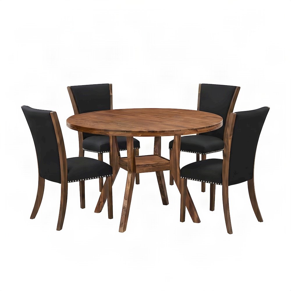 Solid Wood Round Dining Table with Upholstered Chairs for 4, 5 Piece Set, Black