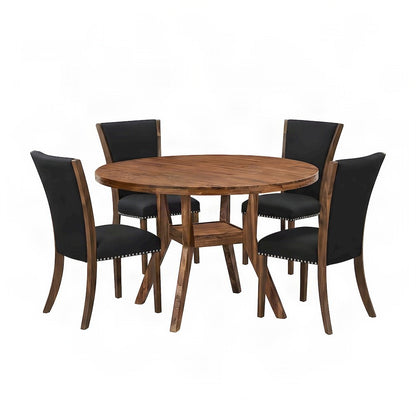 Solid Wood Round Dining Table with Upholstered Chairs for 4, 5 Piece Set, Black