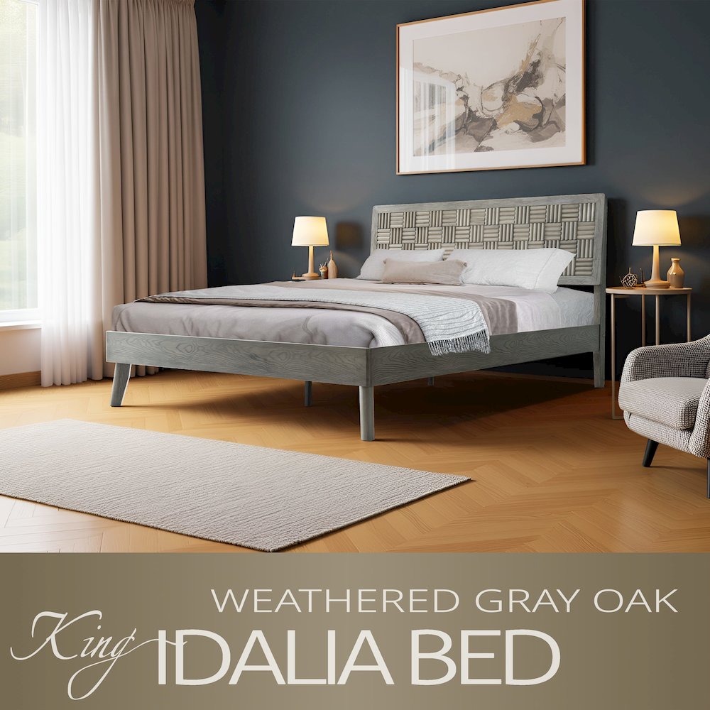 King Wooden Platform Bed Frame, Weathered Gray Oak Finish, Traditional Style