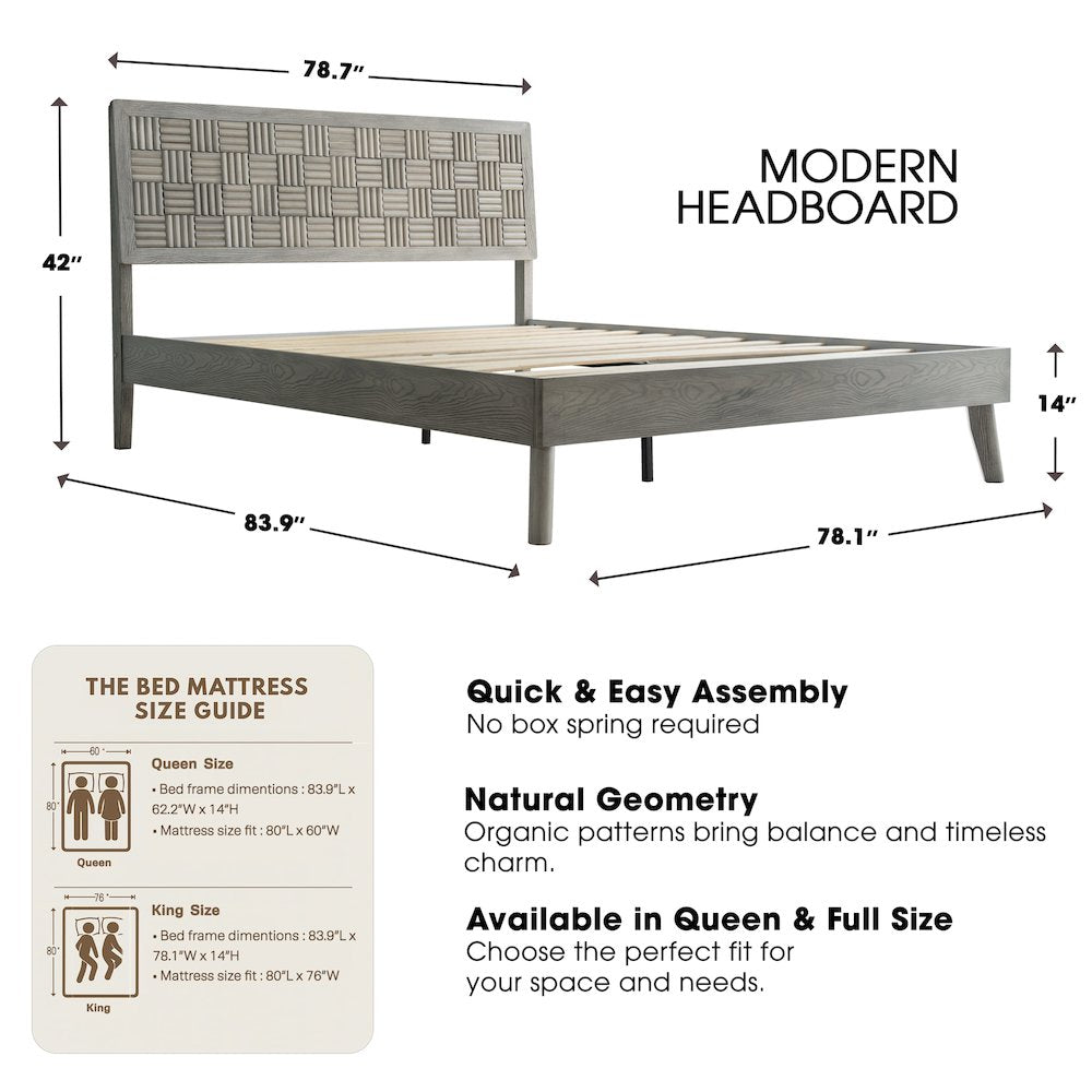 King Wooden Platform Bed Frame, Weathered Gray Oak Finish, Traditional Style