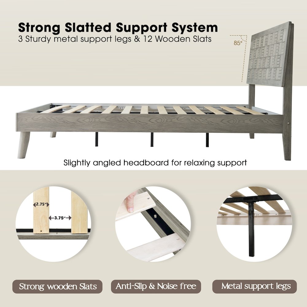 King Wooden Platform Bed Frame, Weathered Gray Oak Finish, Traditional Style