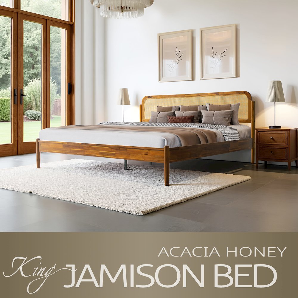 JMK-38 King Wooden Platform Bed Frame, Acacia Honey Finish, Traditional Style