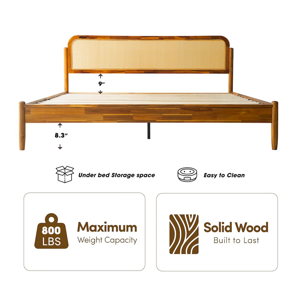 JMK-38 King Wooden Platform Bed Frame, Acacia Honey Finish, Traditional Style