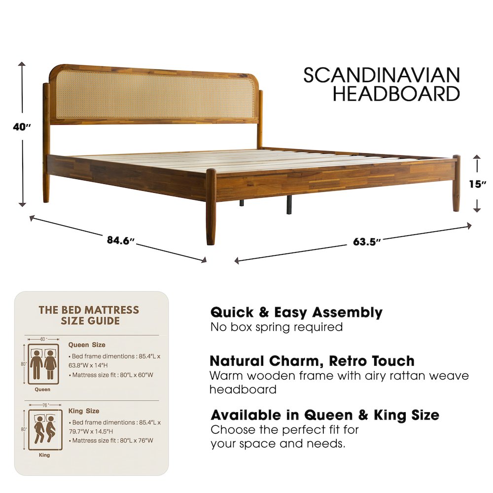 JMK-38 King Wooden Platform Bed Frame, Acacia Honey Finish, Traditional Style