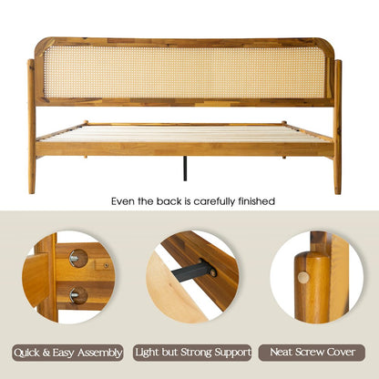 JMK-38 King Wooden Platform Bed Frame, Acacia Honey Finish, Traditional Style