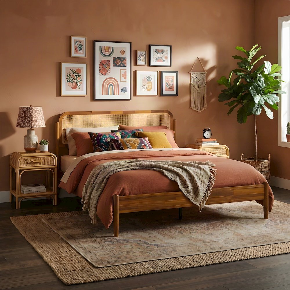 Solid Wood Queen Platform Bed Frame with Headboard and Footboard, Acacia Honey
