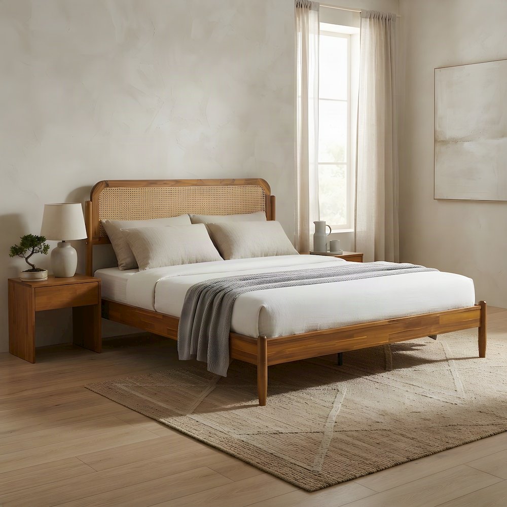 Solid Wood Queen Platform Bed Frame with Headboard and Footboard, Acacia Honey