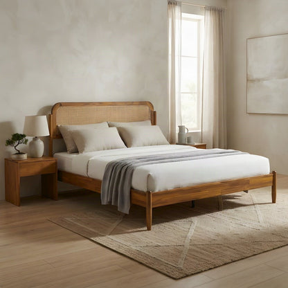Solid Wood Queen Platform Bed Frame with Headboard and Footboard, Acacia Honey
