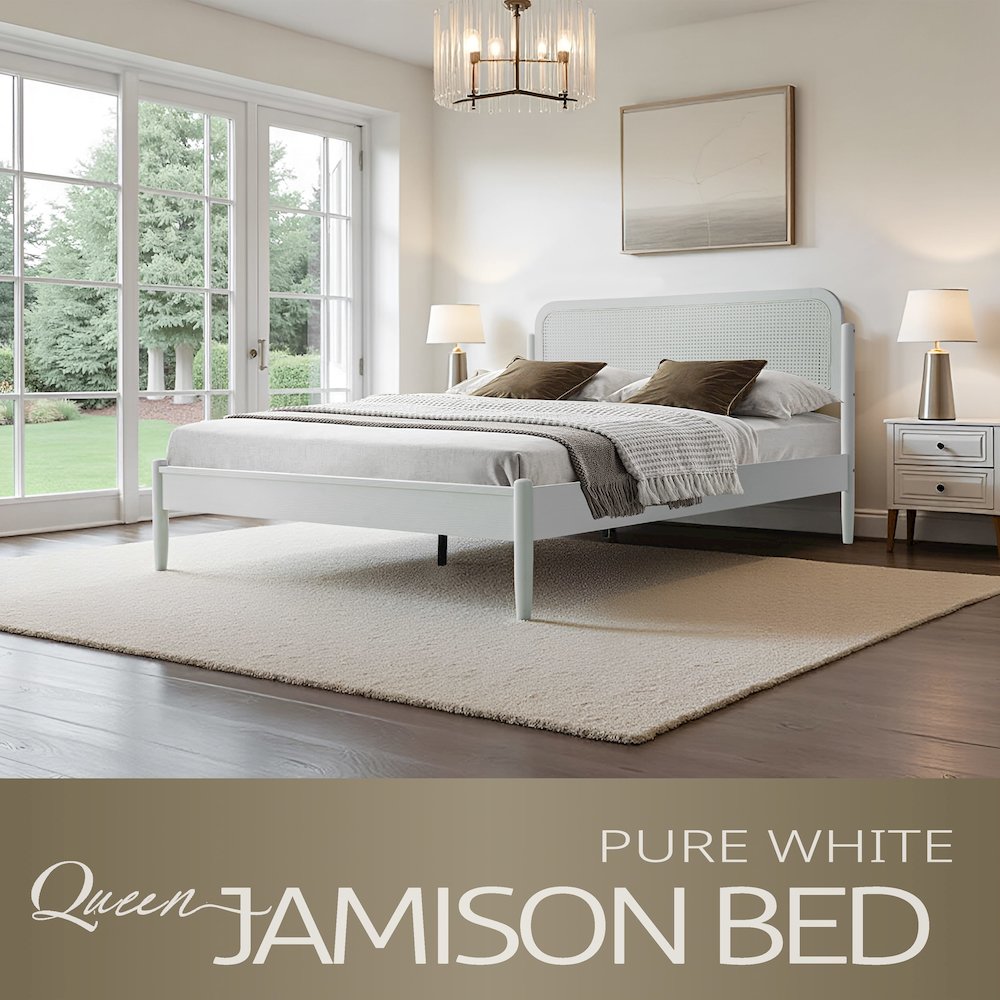 Queen Wooden Platform Bed Frame, Pure White Finish, Traditional Style