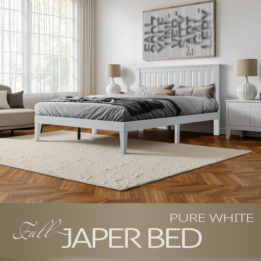 Full Wooden Platform Bed Frame, Pure White Finish, Morden Style