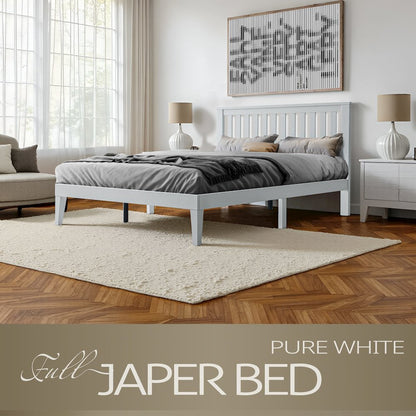 Full Wooden Platform Bed Frame, Pure White Finish, Morden Style