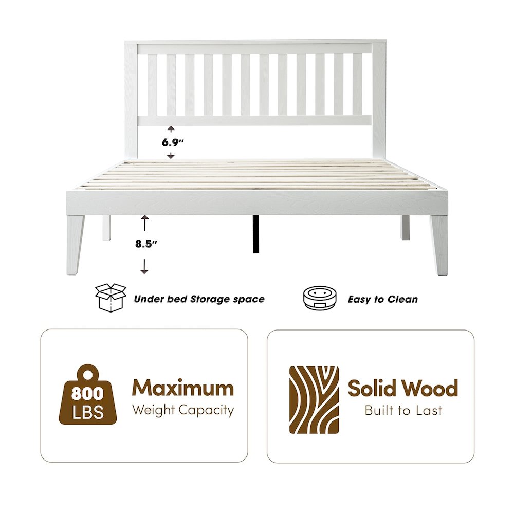 Full Wooden Platform Bed Frame, Pure White Finish, Morden Style