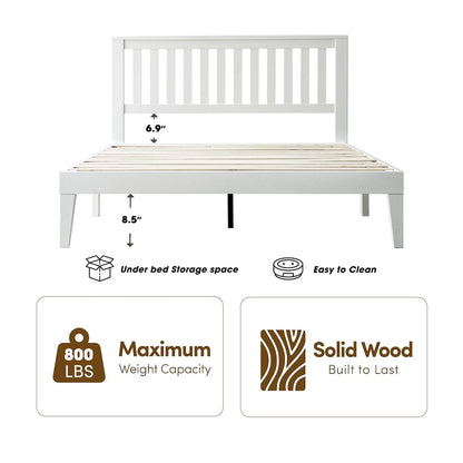 Full Wooden Platform Bed Frame, Pure White Finish, Morden Style
