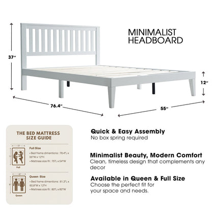 Full Wooden Platform Bed Frame, Pure White Finish, Morden Style