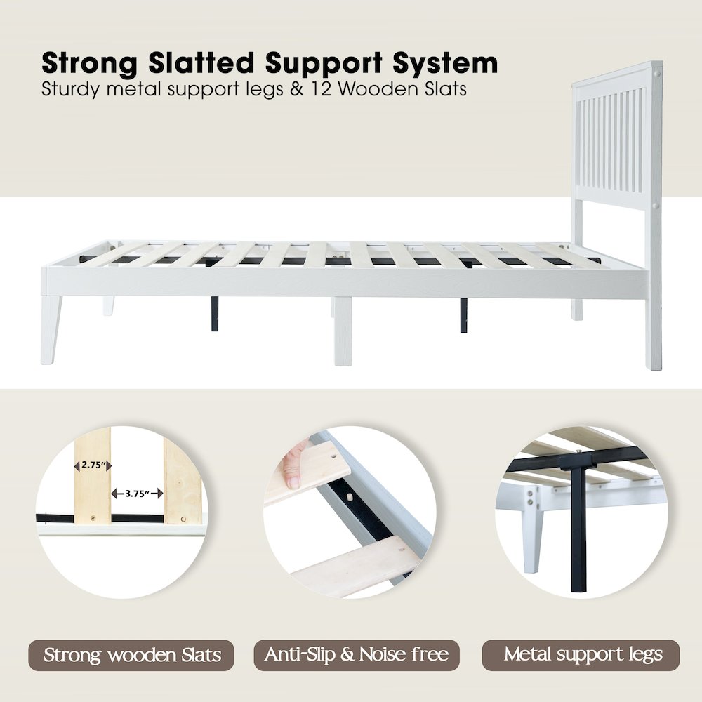 Full Wooden Platform Bed Frame, Pure White Finish, Morden Style
