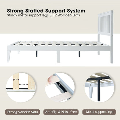 Full Wooden Platform Bed Frame, Pure White Finish, Morden Style