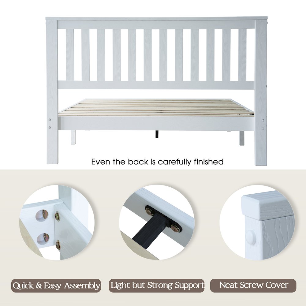 Full Wooden Platform Bed Frame, Pure White Finish, Morden Style