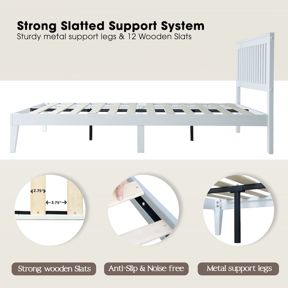 Queen Wooden Platform Bed Frame, Pure White Finish, Morden Style