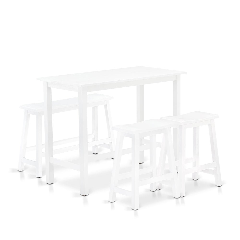 East West Furniture 4 Piece Mid Century Dining Set Contains a Dining Table, 2 Kitchen Stools with a Kitchen Bench - Wire Brushed Bright White Finish