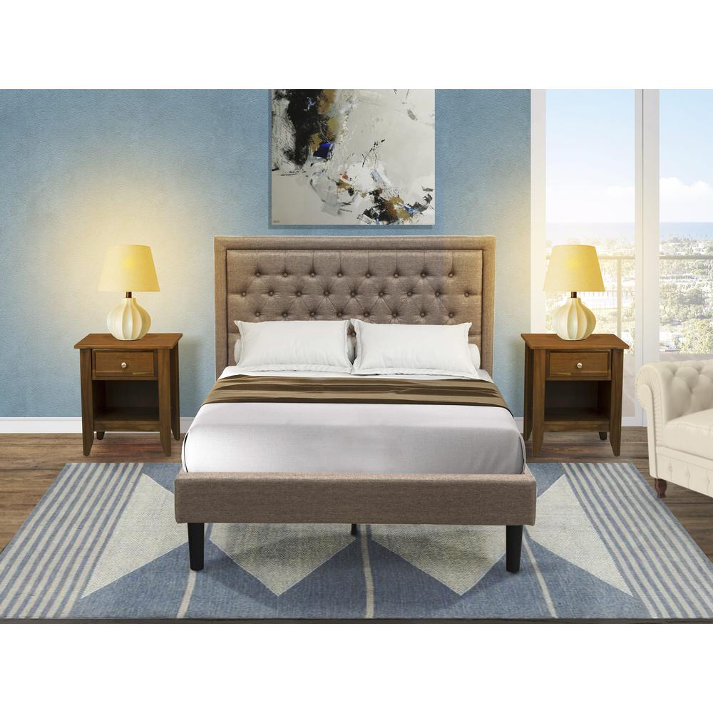 KD16F-2GA08 3 Piece Bedroom Set - Platform Bed Dark Khaki Headboard with 2 nightstands - Black Finish Legs