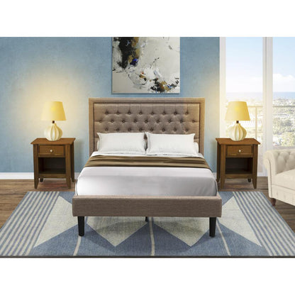 KD16F-2GA08 3 Piece Bedroom Set - Platform Bed Dark Khaki Headboard with 2 nightstands - Black Finish Legs