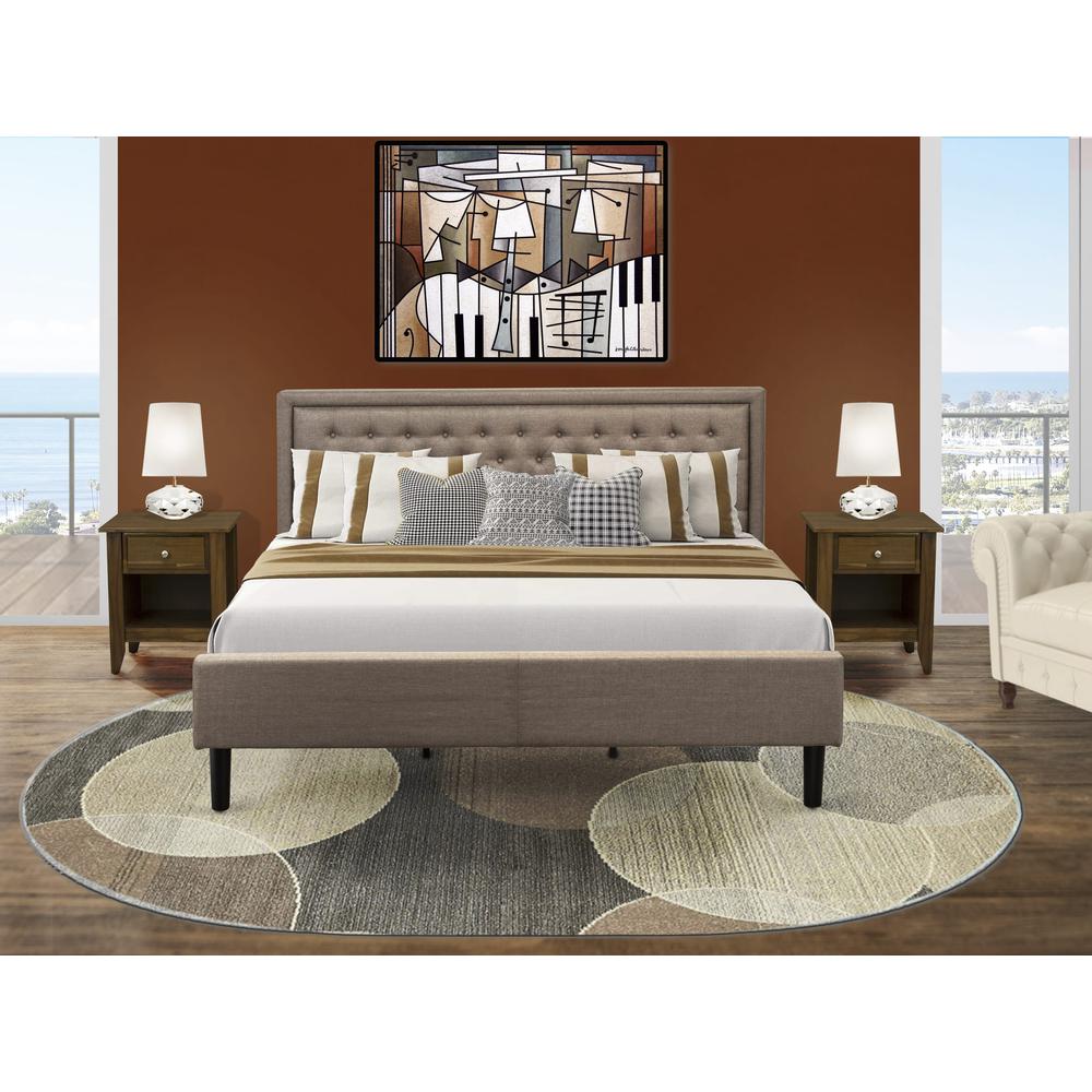 KD16K-2GA08 3 Piece Bedroom Set - Platform Bed Dark Khaki Headboard with 2 nightstands - Black Finish Legs