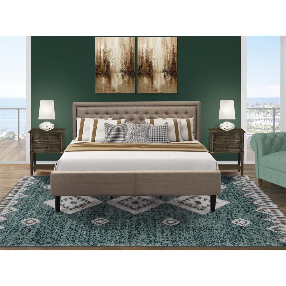 KD16K-2VL07 3 Pc Bed Set - Platform Bed Dark Khaki Headboard with 2 Bedroom Nightstand - Black Finish Legs