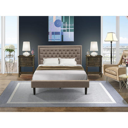 KD16Q-2VL07 3 Piece Bedroom Set - Platform Bed Dark Khaki Headboard with 2 nightstands - Black Finish Legs