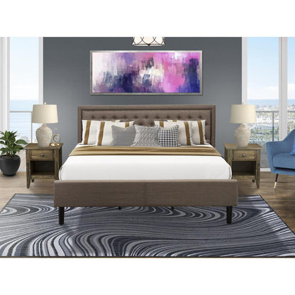 KD18K-2GA07 3 Piece King Bed Set - Wooden Bed Frame Brown Headboard with 2 Night Stands - Black Finish Legs