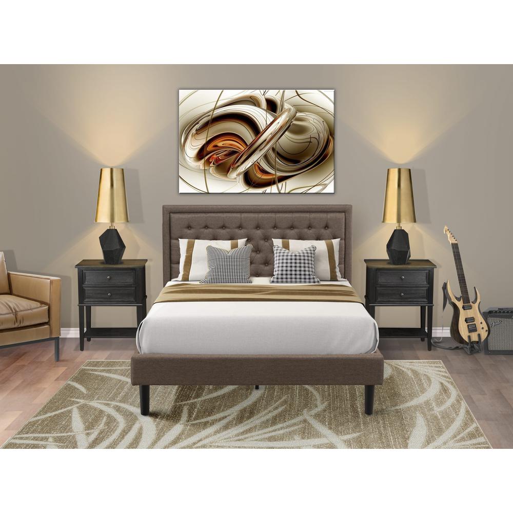 KD18Q-2VL06 3 Piece Bed Set - Platform Bed Frame Brown Headboard with 2 Small Nightstand - Black Finish Legs