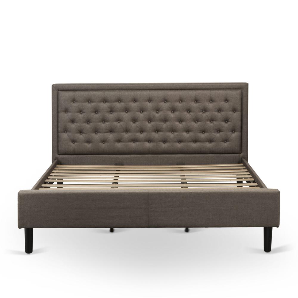 East West Furniture KDF-18-K Platform King Bed Frame Wood - Brown Linen Fabric Upholestered Bed Headboard with Button Tufted Trim Design - Black Legs