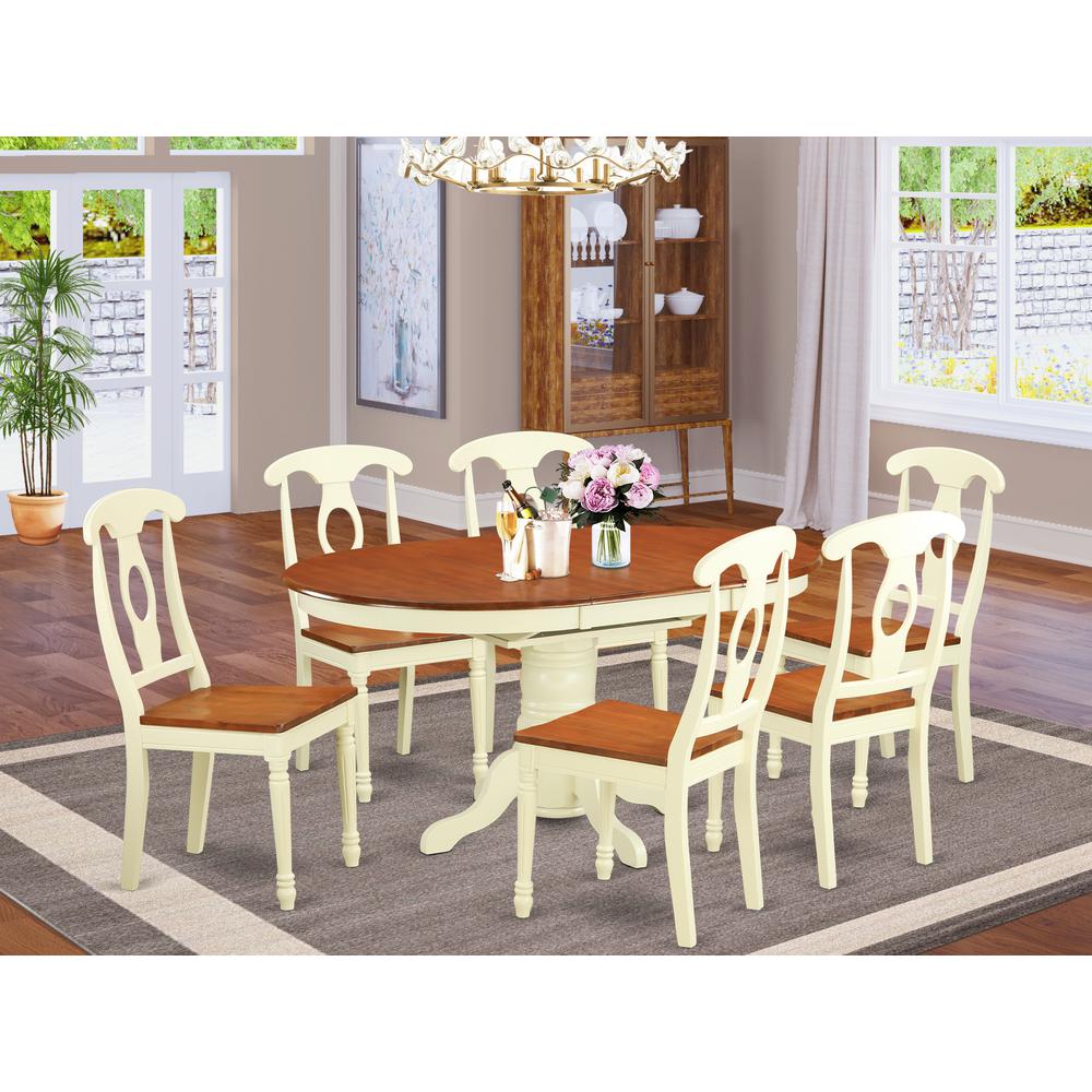East West Furniture KENL7-WHI-W 7 Piece Modern Dining Table Set Consist of an Oval Wooden Table with Butterfly Leaf and 6 Kitchen Dining Chairs, 42x60 Inch, Buttermilk & Cherry
