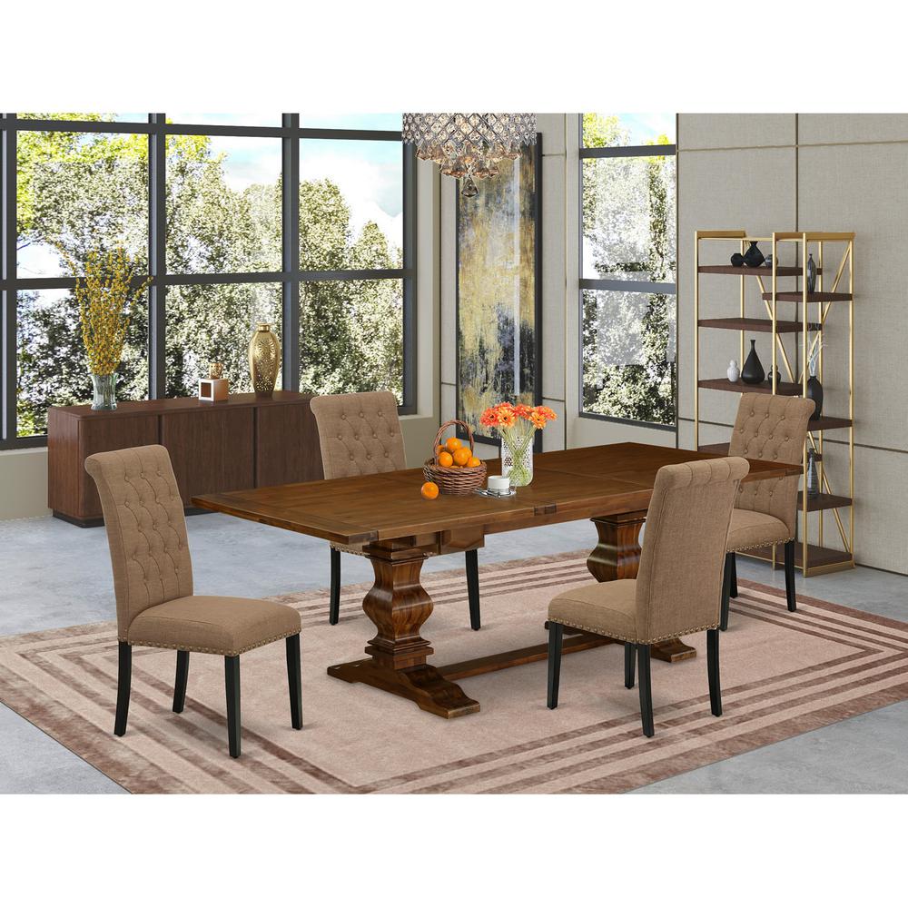 East West Furniture LABR5-81-17 5 Piece Kitchen Table & Chairs Set Includes a Rectangle Removable Leaf Dining Table and 4 Light Sable Linen Fabric Parson Chairs, 42x92 Inch, Walnut