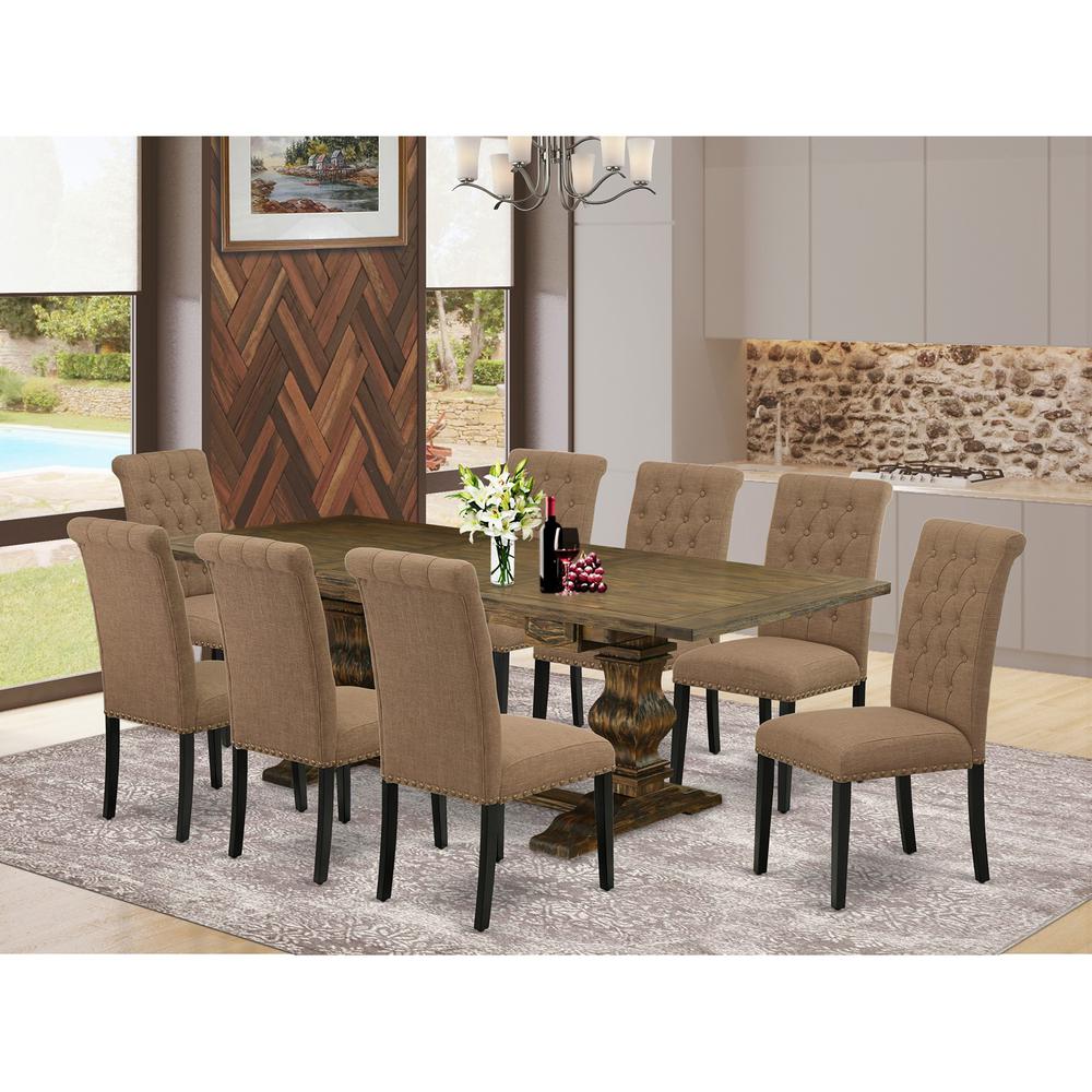 East West Furniture Lassale 9 Piece Room Set Includes a Rectangle Butterfly Leaf Kitchen Table and 8 Light Sable Linen Fabric Parson Dining Chairs, 42x92 Inch