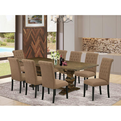 East West Furniture Lassale 9 Piece Room Set Includes a Rectangle Butterfly Leaf Kitchen Table and 8 Light Sable Linen Fabric Parson Dining Chairs, 42x92 Inch