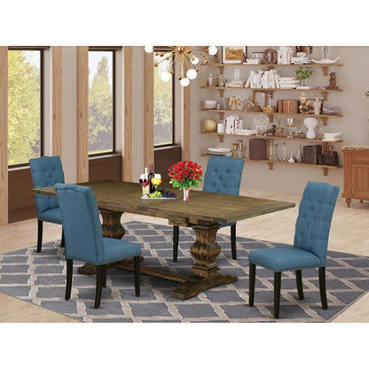 5 Piece Dining Room Table Set Includes a Rectangle Kitchen Table with Removable Leaf and 4 Blue Linen Fabric Parsons Dining Chairs, 42x92 Inch, Jacobean