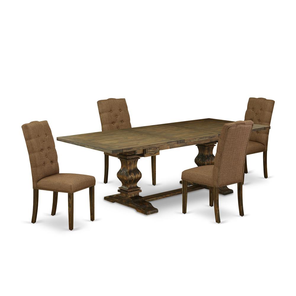 5- pc dining table set with Chair’s Legs and Brown Beige Linen Fabric