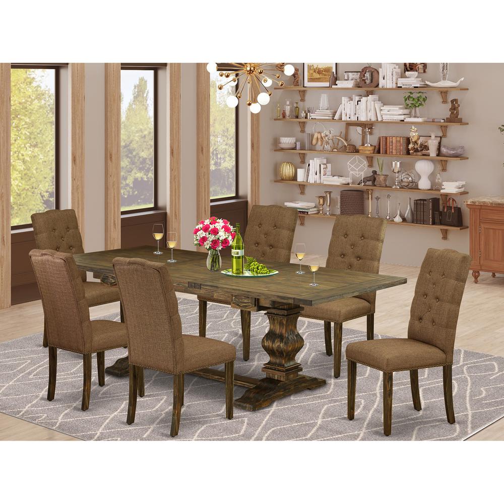 East West Furniture LAEL7-77-18 7 Piece Dining Set Consist of a Rectangle Dining Room Table with Removable Leaf and 6 Brown Linen Linen Fabric Upholstered Chairs, 42x92 Inch, Jacobean