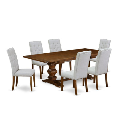 7-piece kitchen table set with Chair’s Legs and Modern Gray Linen Fabric