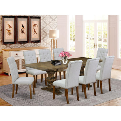 9 Piece Dining Set Includes a Rectangle Dining Room Table with Removable Leaf and 8 Grey Linen Fabric Upholstered Chairs, 42x92 Inch, Jacobean